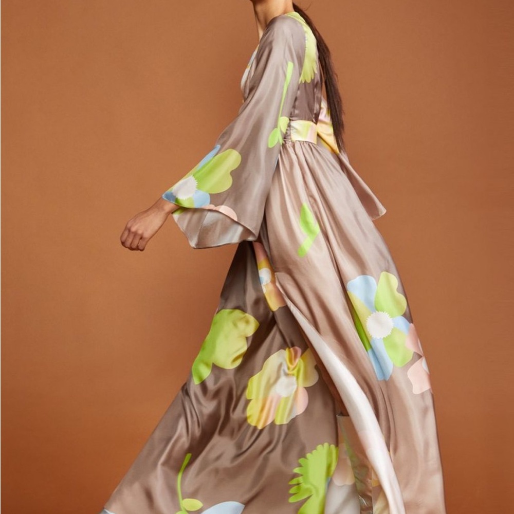 Cynthia Rowley Bell Sleeve Resort Gown in Green and Brown
